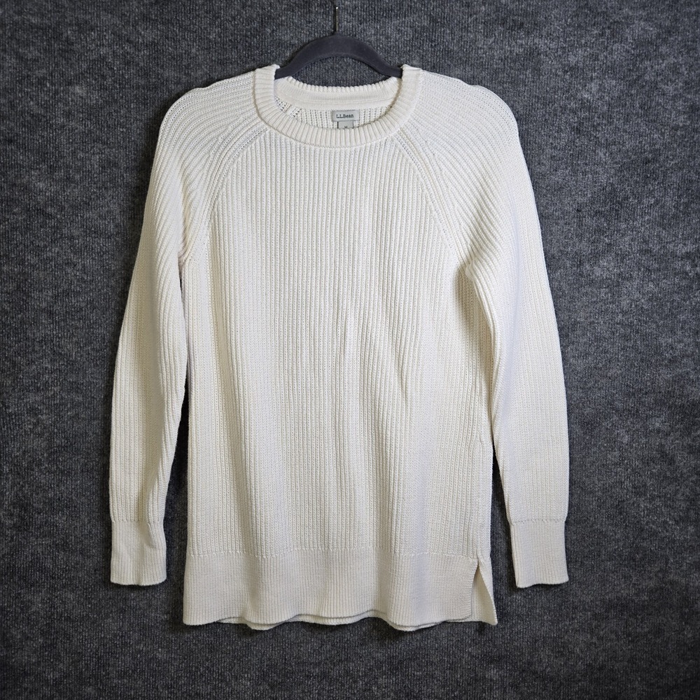 LL Bean Sweater Womens M Regular Cream Mariner Shaker Stitch Cotton Crew Neck